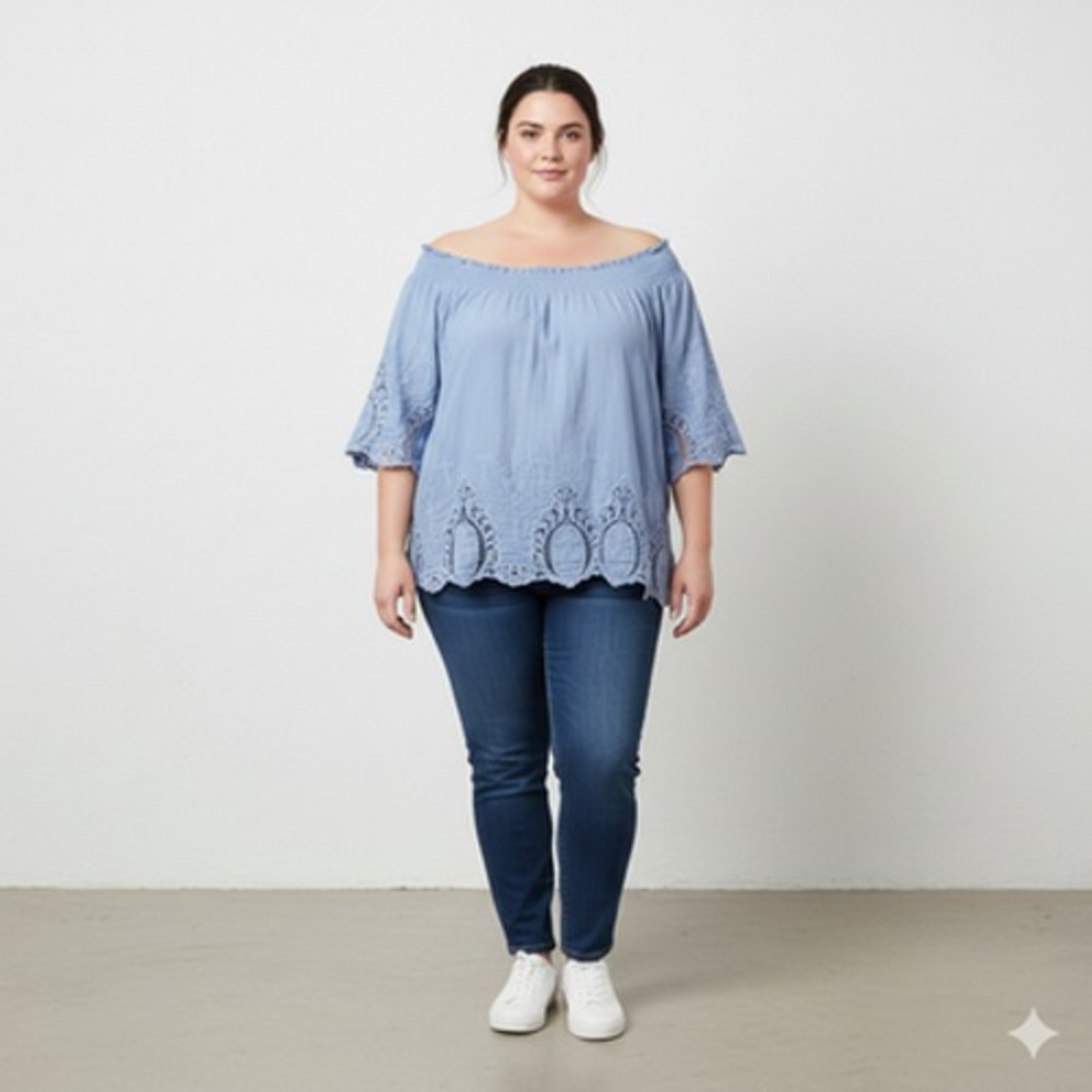Suzanne Betro Tunic‎ Top Womens 3X Blue Off Shoulder Crochet Lace Boho Blouse
